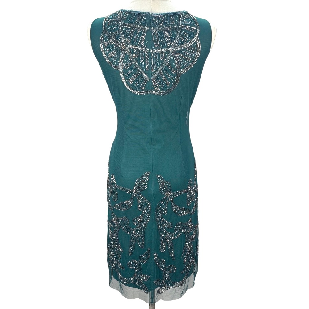 Adrianna Papell Sheath Dress Emerald Green Beaded Sequin Art Deco Women 4 - Picture 2 of 16